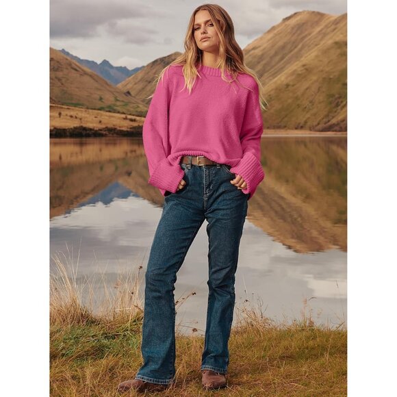 Women's Oversized Sweater Fuzzy Hot Pink Long Sleeve Casual Chunky Pullover Fall - Picture 7 of 9